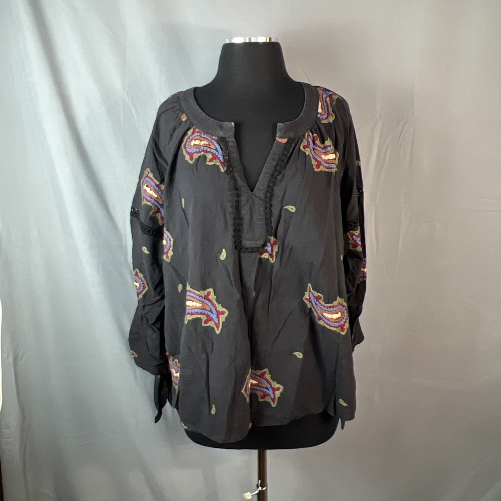 Ellison Boho Tunic Top Womens M Black Linen Blend Paisley Embroidered Split Neck